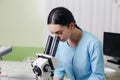 Scientist young woman using a microscope in a science laboratory Royalty Free Stock Photo