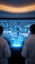 Scientists analyzing advanced holographic data in a cutting-edge research laboratory environment Royalty Free Stock Photo