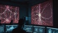 Scientists analyzing complex neural networks on large screens in a dark lab