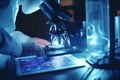 Scientists analyzing samples with a microscope and laptop in a research lab, AI Generative