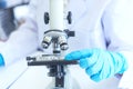 Scientists analyzing study data and evaluating microscope.  Health care researchers doing some research with dropper chemical test Royalty Free Stock Photo