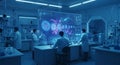 Scientists Analyzing Virus Data on Holographic Display in a Blue Laboratory Royalty Free Stock Photo