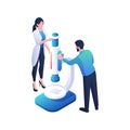 Scientists biologists adjust microscope isometric vector illustration. Male and female characters are preparing a