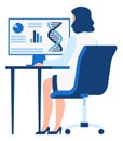 Scientists character. Woman sitting at desk back view, working on computer, dna and graphics on screen, pharmacy