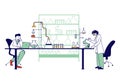 Scientists Characters Conducting Chemical Experiment and Scientific Research in Science Laboratory. Man with Laptop