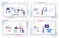 Scientists Characters Lear Human Brain in Laboratory Landing Page Template Set. People in Lab with Scheme and Equipment