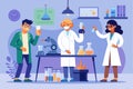 Scientists conduct a laboratory experiment with various glassware and equipment while collaborating in a colorful and modern Royalty Free Stock Photo