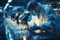 Scientists conducting experiments with beakers and microscopes in a research laboratory setting