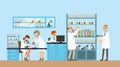 Scientists conducting research in a lab, interior of science laboratory, vector Illustration