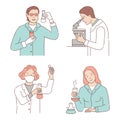 Scientists developing vaccine or making chemical or medicine analysis vector cartoon outline illustration.