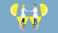 Scientists, doctors, health care people shaking hands, standing in light bulbs. Vector illustration.