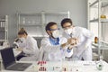 Scientists working in laboratory looking at glass tubes and discussing their experiment Royalty Free Stock Photo