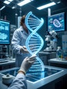 Scientists examining a glowing DNA double helix model in a laboratory setting Royalty Free Stock Photo