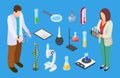 Scientists and experimental equipment. Isometric chemical or medical lab equipment vector set Royalty Free Stock Photo