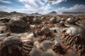 scientists exploring alien landscape with strange life forms visible in the distance