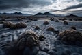 scientists exploring alien landscape with strange life forms visible in the distance