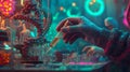 Scientists are exploring and investigating molecule models and DNA, set against a backdrop of scientific principles