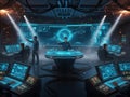 Scientists in a futuristic command center with large holographic screens and multiple workstations Royalty Free Stock Photo