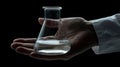 A scientists hand holding a clear liquid in a beaker representing the discovery of new materials and ability to be Royalty Free Stock Photo