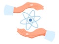 Scientists hands protect atom. Safe nuclear energy. Molecule on palm. Atomic model. Protective gesture. Physics structure Royalty Free Stock Photo