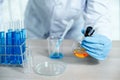 Scientists hold a glass tube filled with orange chemical liquid for research and analysis in a laboratory