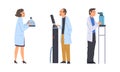 Scientists in lab. Physicists in white coats doing scientific experiment with laboratory equipment cartoon vector