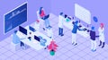 Scientists in laboratory isometric illustration. Employees conduct scientific experiment create vaccine coronovirus.