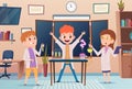 Scientists. Little kids making experiments in chemical laboratory exact vector cartoon people funny background Royalty Free Stock Photo