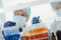 scientists in protective masks standing in front of a rack of test tubes . Royalty Free Stock Photo