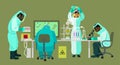 Scientists in protective suits are working with bio hazardous substances. Virologists are carrying out research in the