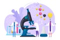 Scientists research in chemical or medical lab concept, vector illustration. Science, chemistry, biology, pharmacy and Royalty Free Stock Photo