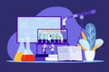 Scientists researchers antivirus vaccine search people working in laboratory vector illustration.