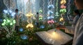 Scientists Researching DNA in Enchanted Forest Illuminated by Glowing Plants and Data Royalty Free Stock Photo