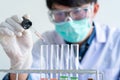 Scientists researching in laboratory in white lab coat, gloves analysing, looking at test tubes sample, biotechnology concept Royalty Free Stock Photo