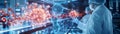 Scientists researching viruses in a high-tech laboratory with holographic digital interfaces depicting virus structures and data