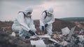 Scientists with rotective suit, investigated and inspected garbage pile in landfill