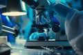 Scientists testing samples using microscopes in a data center environment. Generative AI Royalty Free Stock Photo