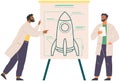 Scientists work with drawing draft of contemporary rocket. Business startup with spaceship