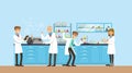 Scientists working research in chemical lab, interior of science laboratory, vector Illustration Royalty Free Stock Photo