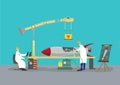 Scientists working on a rocket missile warhead. Reverse engineering concept.
