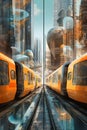 Scifi city triptych with abstract buildings and a city train in light cyan and amber style. Royalty Free Stock Photo