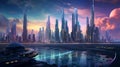 scifi cityscape with sunset