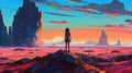 a scifi inspired lonely anime woman standing alone on a abandoned planet, ai generated image