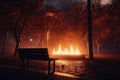 Scifi Style Fire Engulfs Park, Benches In Flames