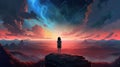 a scifi wallpaper artwork of a lonely girl standing on top of a hill, ai generated image