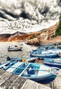 Scilla, Calabria. Docked boats in the city port at summer sunset