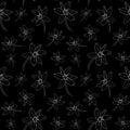 Scilla flowers. The first spring flowers hand drawn on black seamless pattern. Use for fabric, wrapping paper, wallpaper