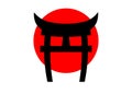 Japanese gate, torii, imitation of red japanese flag, rising sun as background. Shninto symbol. Handdrawn by ink. Isolated Royalty Free Stock Photo