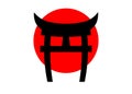 Japanese gate, torii, imitation of red japanese flag, rising sun as background. Shninto symbol. Handdrawn by ink. Isolated Royalty Free Stock Photo