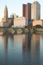 Scioto River and Columbus Ohio skyline in autumn with sunset reflection in water